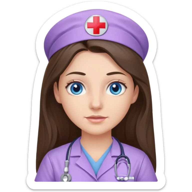 pretty brunette nurse with long hair and blue eyes in lilac scrubs sticker