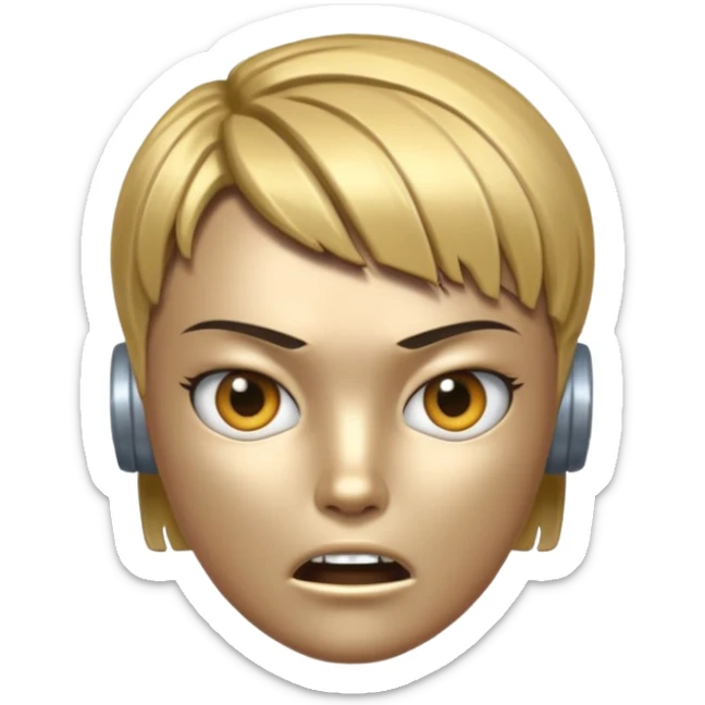 Robot emoji with a "Karen" haircut and angry facial expression sticker