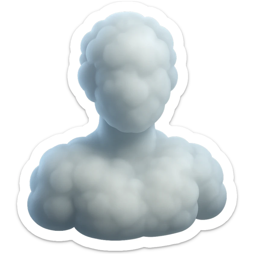 front view of a person made entirely of white fluffy convex clouds, shoulders up sticker