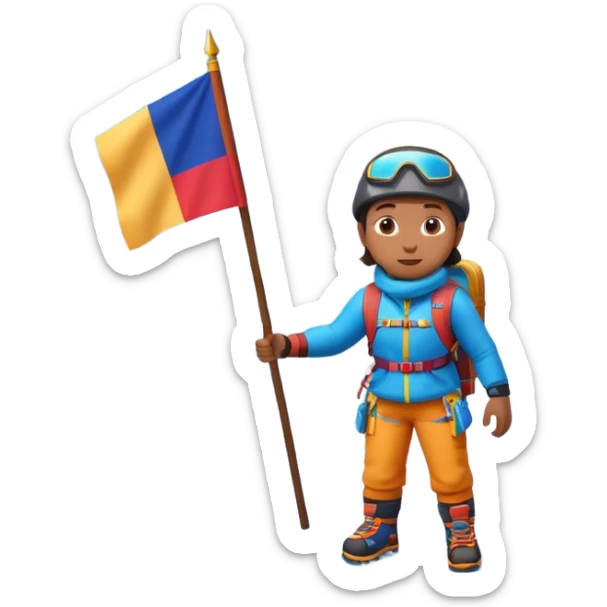 A 3D cartoon mountaineer standing on a snowy Everest-like summit with a flag, wearing colorful climbing gear, soft lighting, Memoji-style. sticker