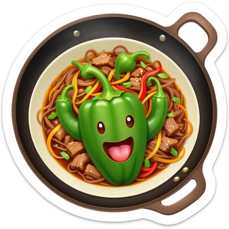 Green Pepper with Shredded Pork in wok, simplified emoji style with bold outlines and bright colors, cartoon style Qing Jiao Rou Si homestyle dish sticker