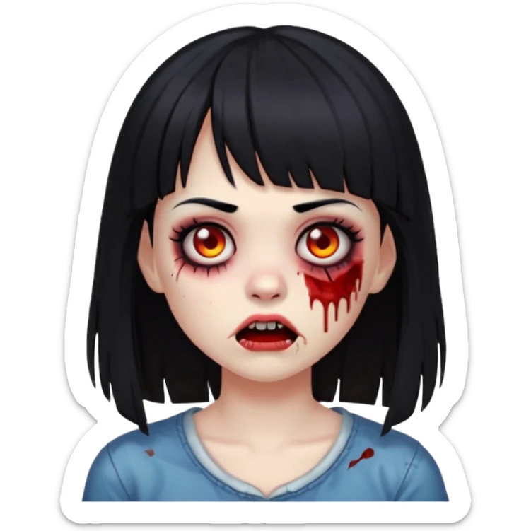 make a zombie girl emoji, with black hair and bangs above the eyebrow sticker
