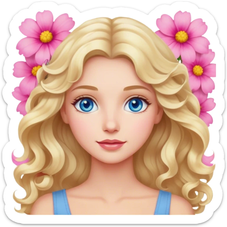Blonde blue eyed women with wavy hair pink flower background sticker