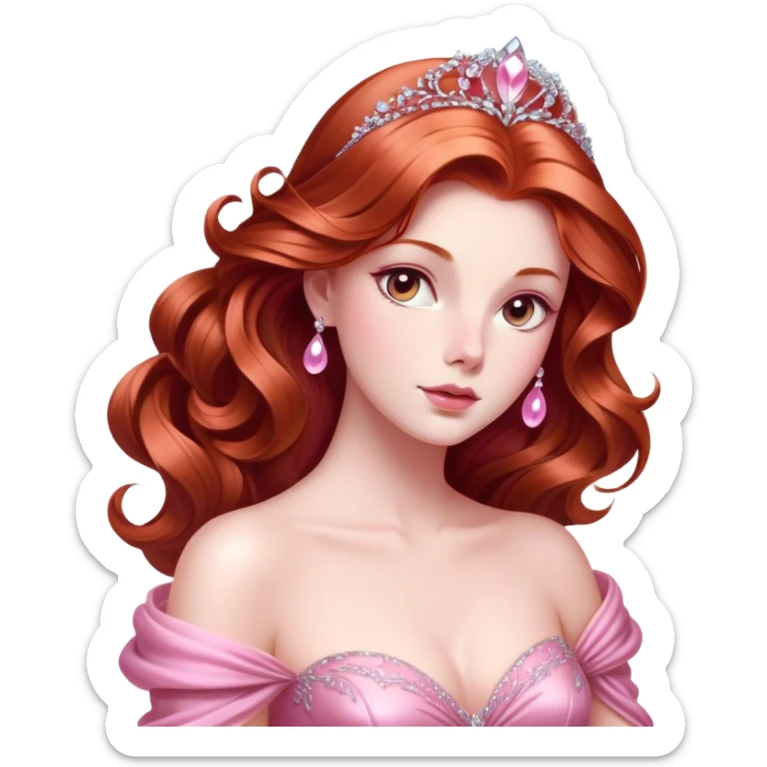 Cinematic Majestic Sleeping Beauty Portrait Emoji, rendered in a clean, vector-style with bold, simplified shapes. Show Aurora with a serene, noble expression, luminous porcelain skin, and elegantly flowing auburn hair, dressed in an opulent pink ball gown. The design radiates a majestic, enchanted glow with high shine and a soft glowing outline, embodying classic royal elegance. sticker
