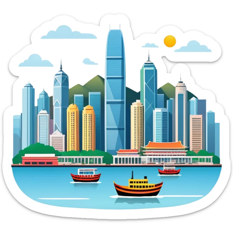Hong Kong Victoria Harbor skyline, simplified emoji style with bold outlines and bright colors, cartoon style city view with tall buildings sticker