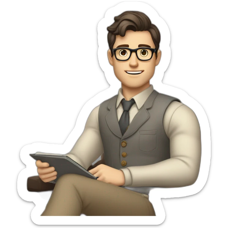 Pale skinned Fit Man With dark brown hair in gray jacket, beige office shirt, Brown pants and vintage glasses sitting In a soft chair with a notebook on spring with emblem Ψ and a pen sticker
