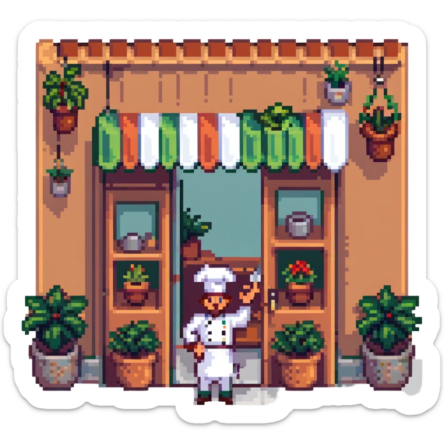 Italian restaurant with a chef waving at the door, potted plants outside in pixel art style sticker