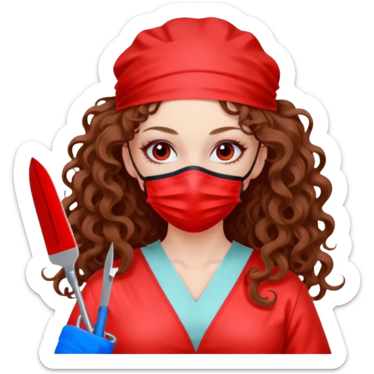 Lilith symbol seductress long curly hair evil surgeon.  brown hair. Red surgical mask and hair covering. She works for cartel and kills  with a scalpel. sticker