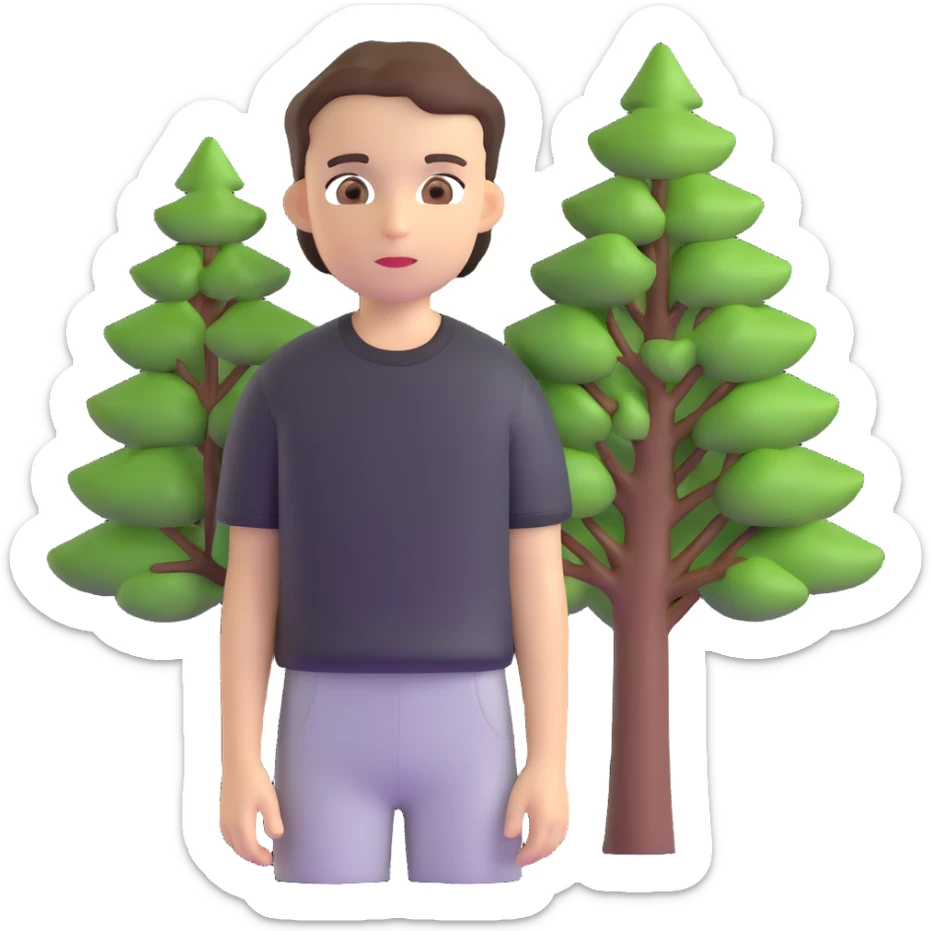 boy with straight short brunette hair brown eyes black tshirt on and tree behind sticker