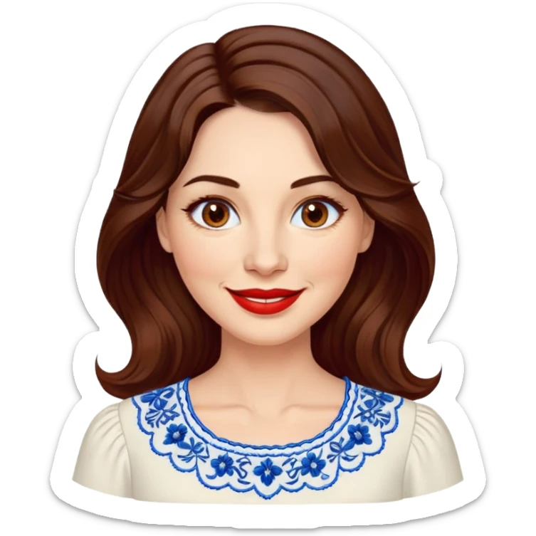 40-year-old woman with luminous fair skin, round face, wide smile, large light brown eyes, vibrant red lips, shoulder-length dark brown wavy hair, wearing white blouse with blue embroidery and electric blue neckline, mature but youthful appearance sticker