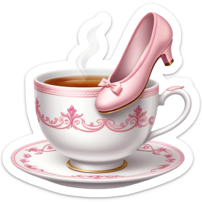 Elegant china tea cup with saucer wearing pink ballet slippers and performing an arabesque sticker