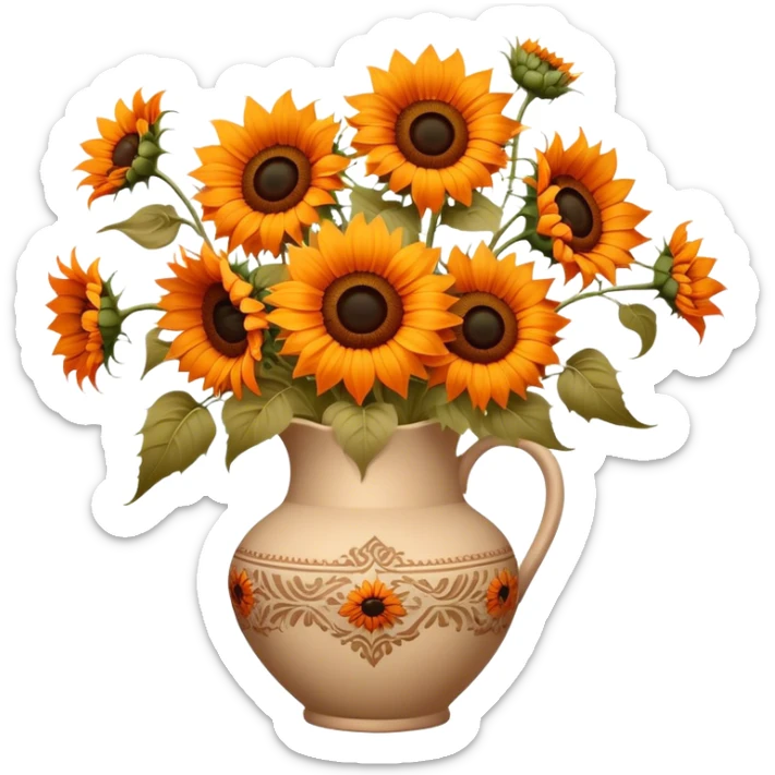 bouquet of bright orange sunflowers in a beige aesthetic vase in vintage style with beautiful ornaments of brown color sticker