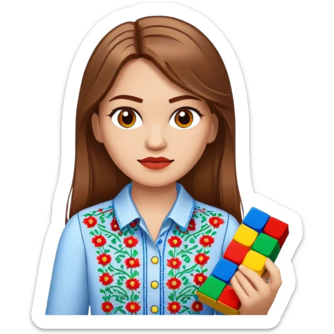 A Ukrainian girl with brown hair in an embroidered shirt holds Lego bricks sticker