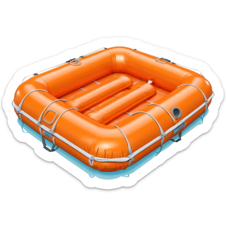 3D render of Life Raft made of shiny inflatable vinyl, visible seam lines, air valve, highly reflective plastic texture, pool toy aesthetic. sticker