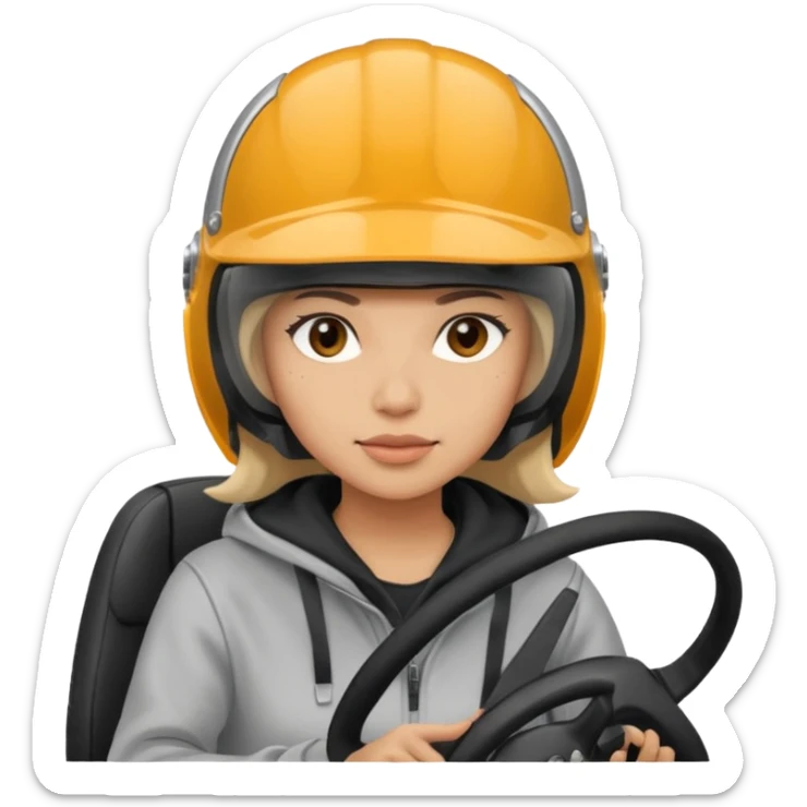 ["Light-skinned female driver, wearing a hoodie and helmet, behind the wheel."] sticker