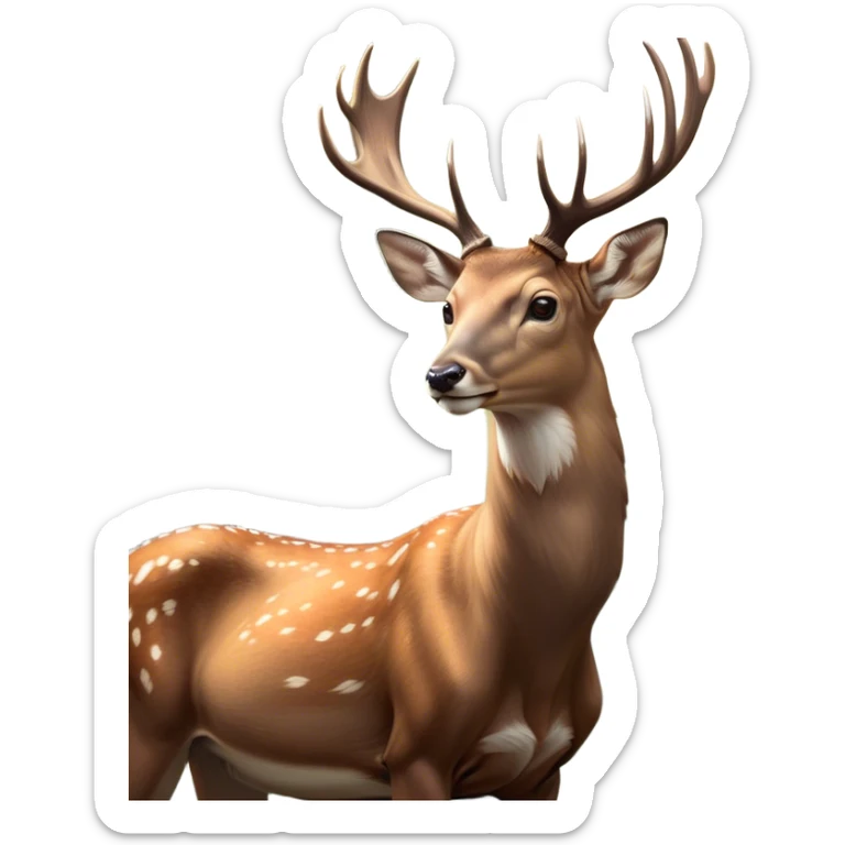 Cinematic Noble Deer Portrait Emoji, Poised and regal, with a graceful, slender build and a dappled Fur of warm browns and creams, elegant antlers crowning its head, deep-set soulful gentle eyes, Simplified yet sharp and sophisticated features, highly detailed, glowing with a soft, dignified glow, high shine, intelligent and serene, stylized with an air of forest majesty, focused and attentive, soft glowing outline, capturing the essence of a watchful woodland guardian, so majestic it feels as though it could gracefully leap out of the screen with effortless authority! sticker