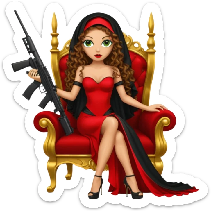 Drug dealer female green eyes symbol.  hair is brown curly long hair. sexy long with long red and black dress and mouth veil cover on that covers her mouth and neck only. black stiletto platform high heels shoes on. Holding sniper rifle sitting on a gold throne. sticker