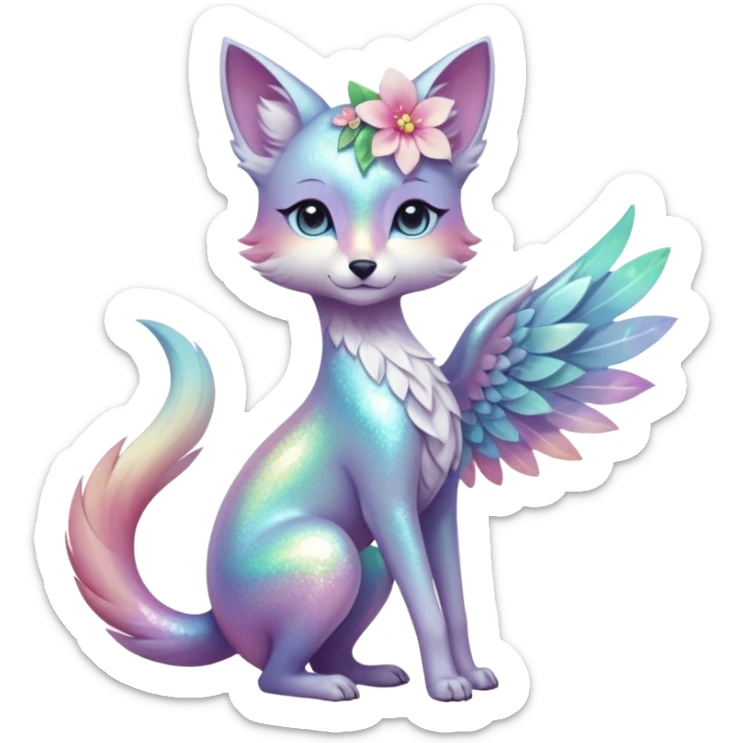 Multicolored sparkly shiny ethereal pastel iridescent light pale cute adorable pretty feminine elegant realistic floral exotic Falvie-Fionbri-fursona, full body sticker