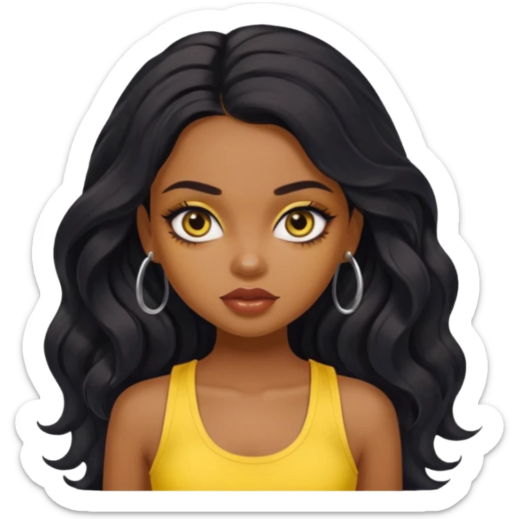a pretty bratz dusky girl with long wavy black hair, kajal under eyes, yellow tank top sticker