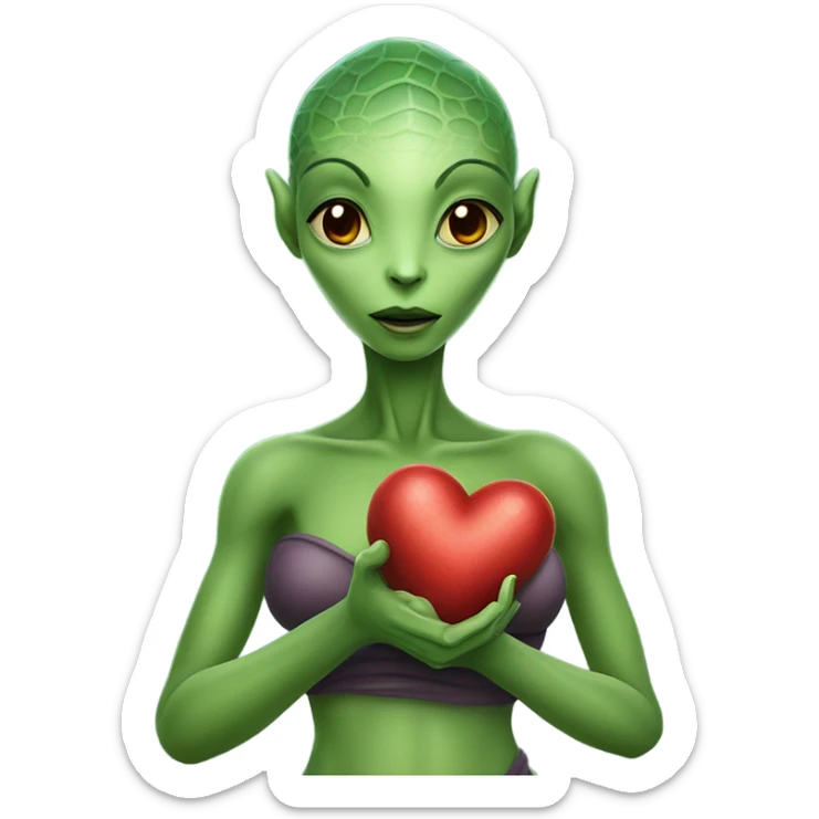 a Reptilian alien woman full body, holding big red heart sticker