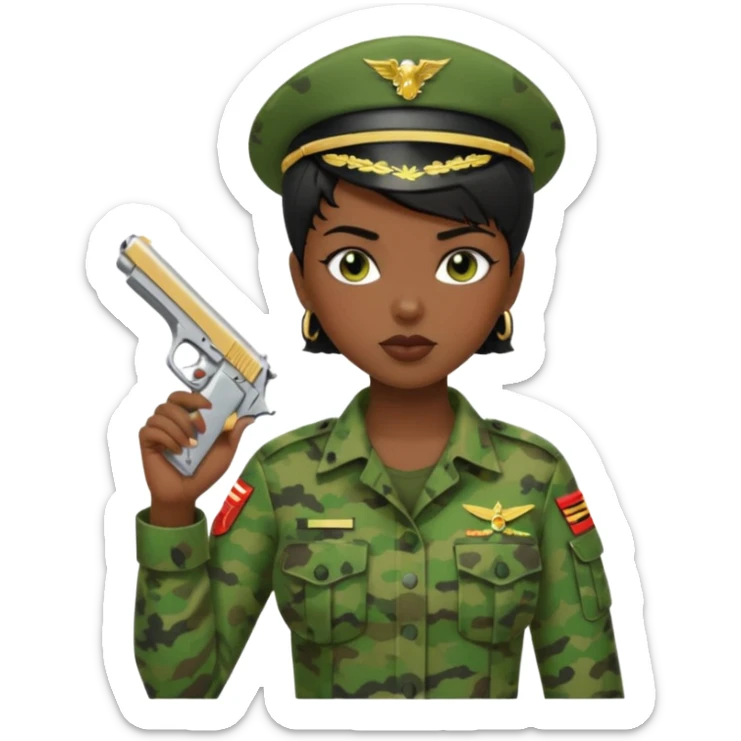 Dark skin Woman marine in green cammies with one handgun short black hair sticker