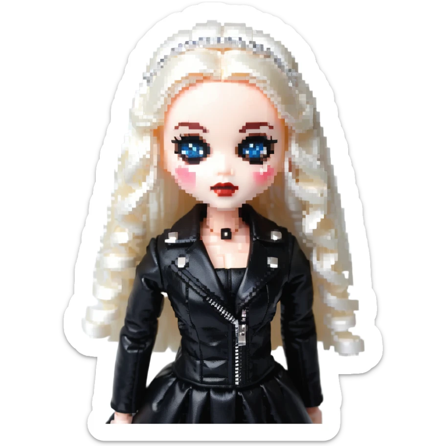 Chucky's bride doll wearing a black dress and black leather jacket, with dark makeup sticker