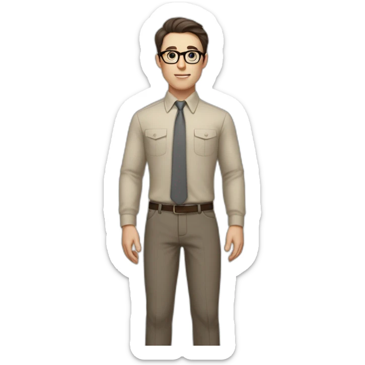 Full height Pale skinned fit man with dark brown hair in gray jacket, beige office shirt, brown tie, brown pants and vintage glasses. His right hand stretched out sticker