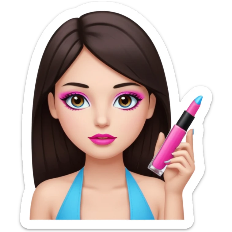 generate a pretty fair bratz girl with dark brown eyes, dark brown hair straight long. Wearing a hot pink halter neck top.  pink lipgloss. light blue eyeshadow sticker