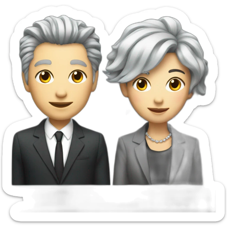 grey-haired, fashionable woman in suit next to punk with mullet, smiling sticker