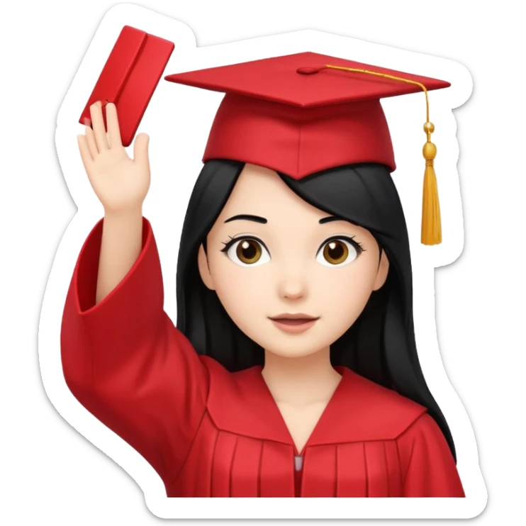 white girl with straight black hair, red graduation cap and gown, throwing cap in the air sticker