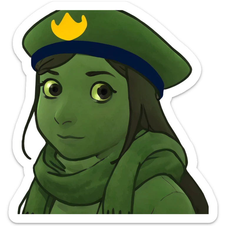 girl with dark brown long hair hazel eyes looking to the left with eyebrows squinted sticker