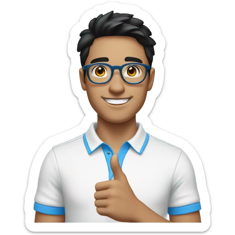 happy young man in his 20s, with black hair, blue eyes and light blue round glasses, white polo shirt with blue collar, pointing with his finger to the side sticker