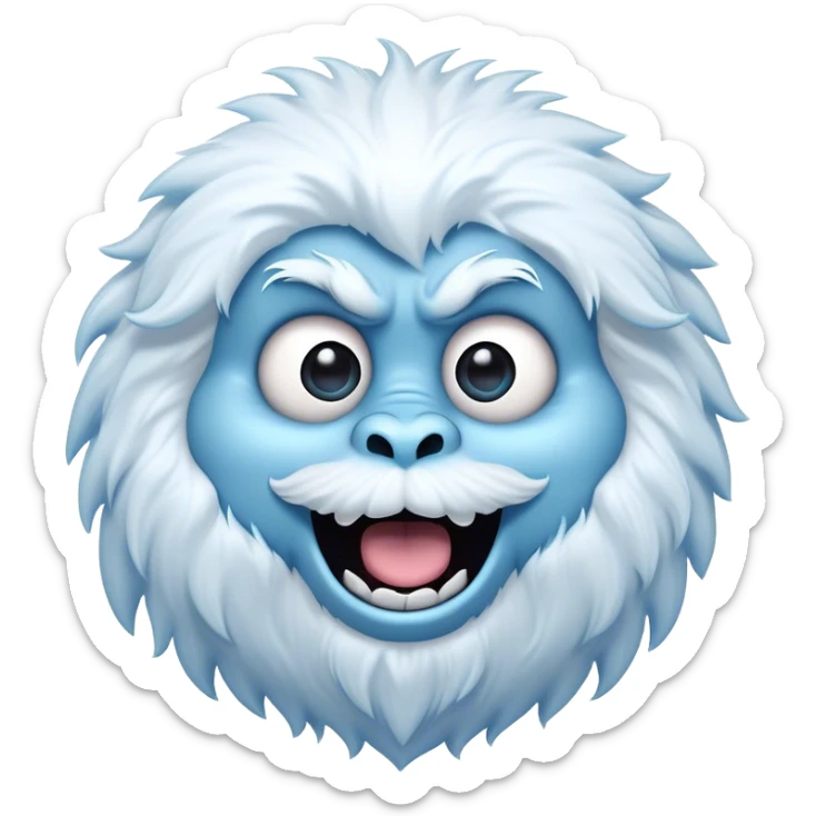 Cinematic Comical Yeti Portrait Emoji, with a cartoonishly exaggerated, fluffy figure in cool, frosty whites and icy blues, head tilted in an overly surprised expression with wide, comically sparkling eyes and a quirky, open-mouthed grin, simplified yet hilariously detailed, glowing with a soft frosty outline capturing the meme-worthy fun of a yeti in playful shock! sticker
