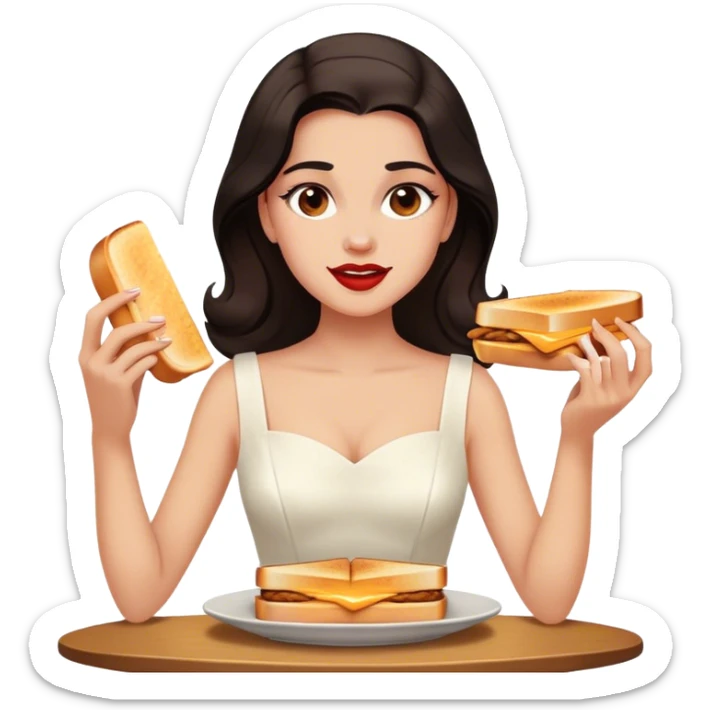 Beautiful woman in 1950’s woman fashion look, white dress, long dark brown hair, grilled cheese sandwiche sticker
