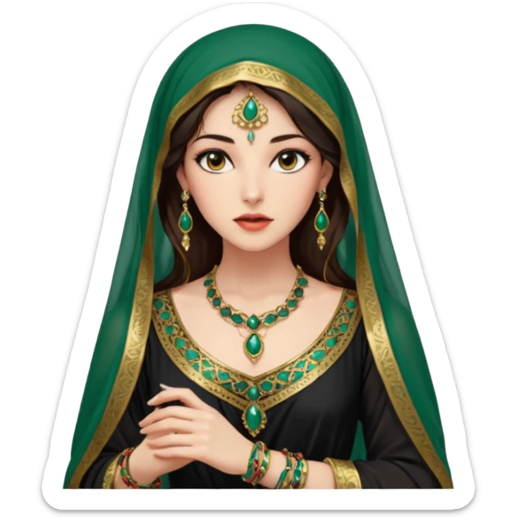 Mujer joven, morena, de gran belleza y porte misterioso.
 mirada intensa y fija; labios marcados.
 Negro, largo, suele ir cubierto parcialmente por un velo
 Ropa de inspiración árabe: túnica colorida (rojo, dorado, verde esmeralda), con detalles dorados o lentejuelas; brazaletes y pendientes. sticker