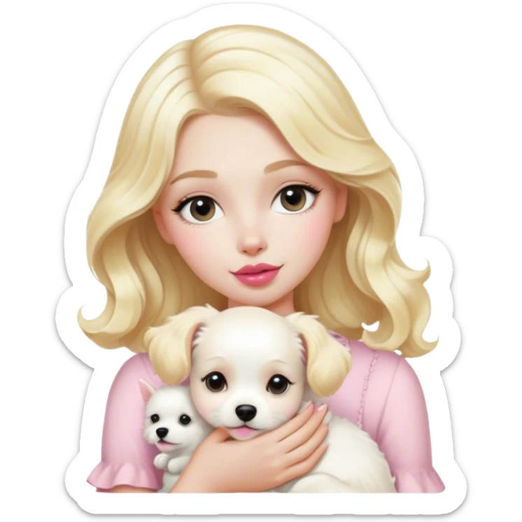 Parisian girl, white skin, blonde hair, natural pink lips, wave hair, holding a white dog sticker