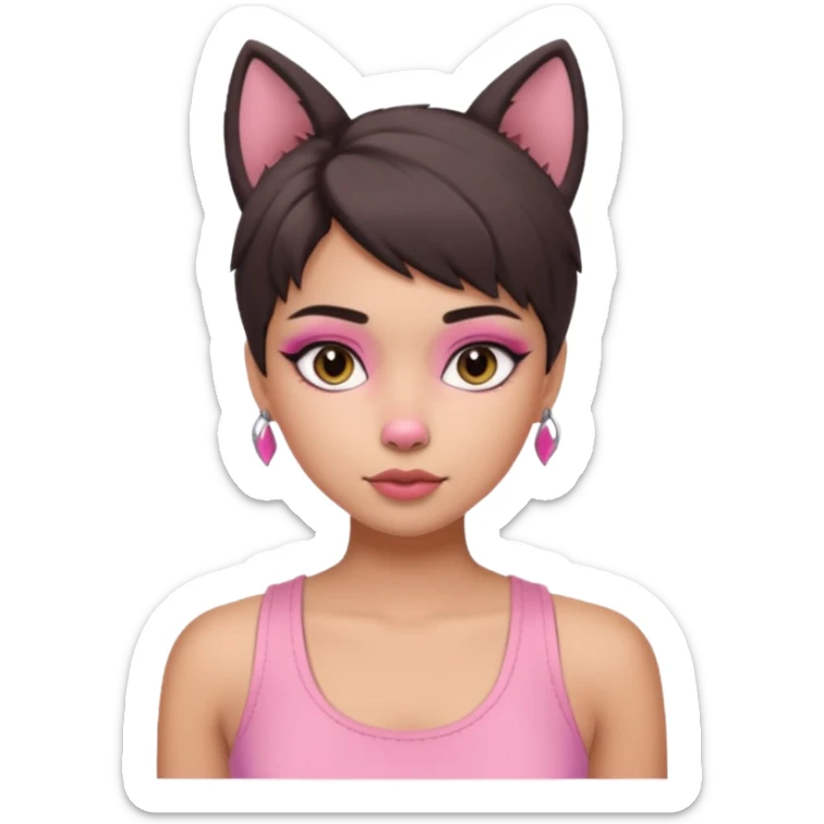 chica morena clara, corte de cabello wolf cut medio, con una blusa de tirantes simple, rosa y coquette sticker