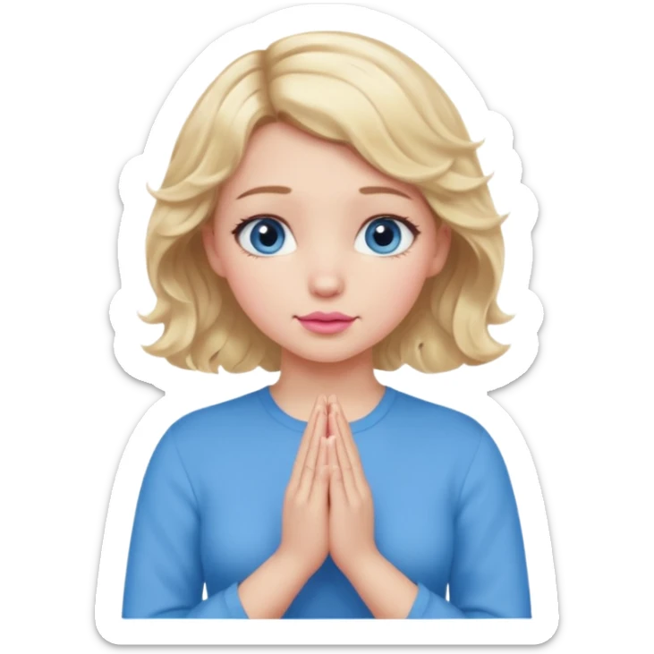 Girl Blonde short wavy hair,  blue eyes, cute blue top, long lashes, pink lips, praying hands sticker