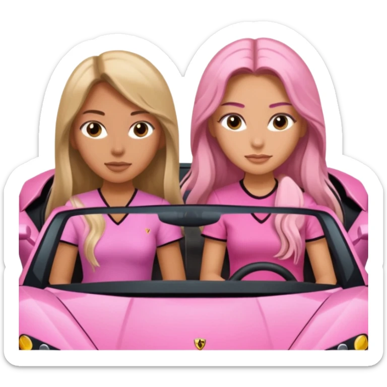 Make car far away so I can see full car Car facing forward in sports car. Make hair long  One girl isFront of car sitting in the seats. Make it a pink sports car. They are two baddies make it a Lamborghini pink car  sticker