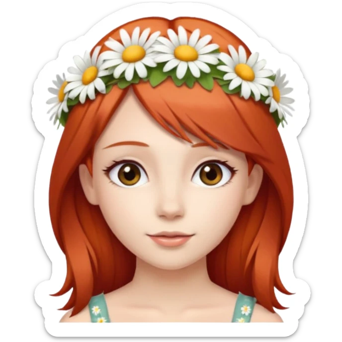 Cute and beautiful woman with straight red hair and a daisy flower crown. sticker