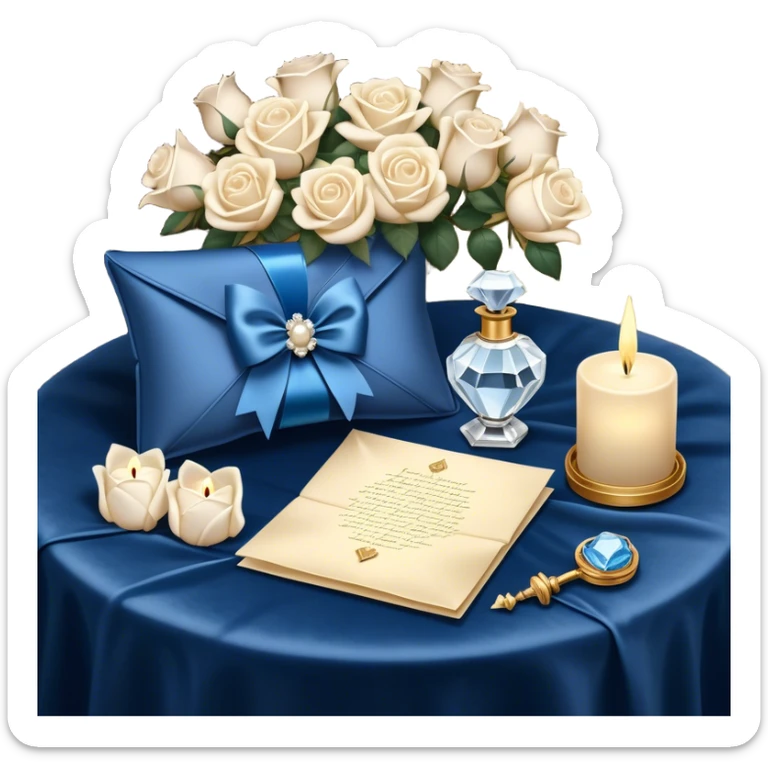 A carefully folded love letter, tied with a silky blue ribbon, sits on a velvet cushion. Beside it stands a tall crystal perfume bottle, exuding the soft scent of white roses. Pearl butterflies hover above the table, as the warm glow of candlelight reflects off the golden wax seal. sticker