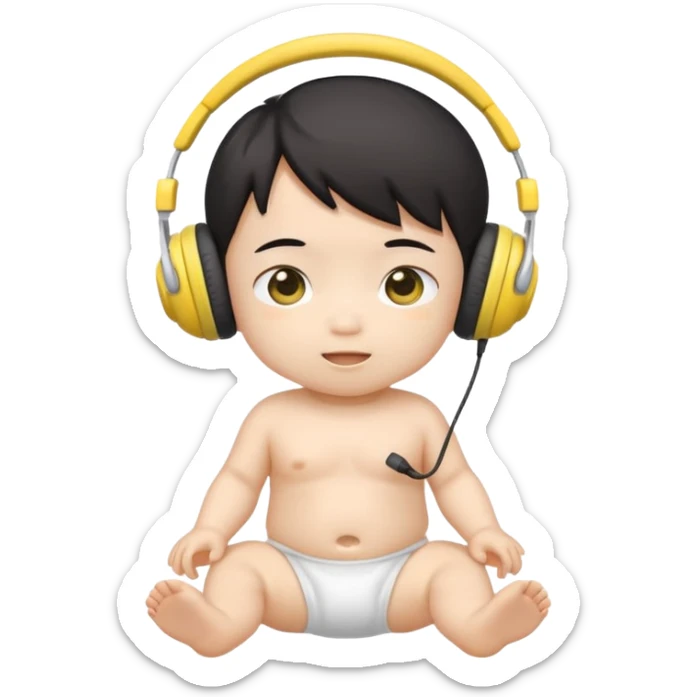 aan asian cute baby in a white diaper and yellow headphones sticker