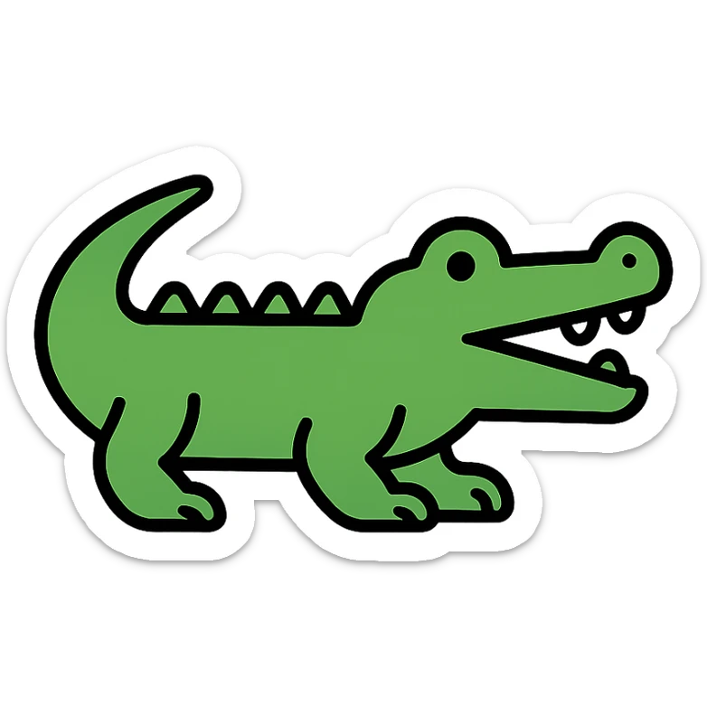 crocodile, color outline icon style, black outlines with green color fill sticker