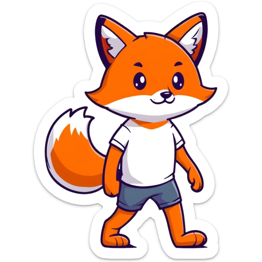 retro 1930s anthropomorphised fox in a t-shirt and shorts walking black and white sticker
