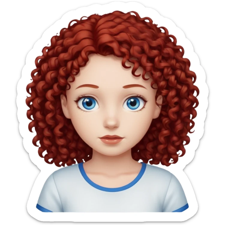 generate a young girl with dark red curly hair, blue eyes. in white top  sticker