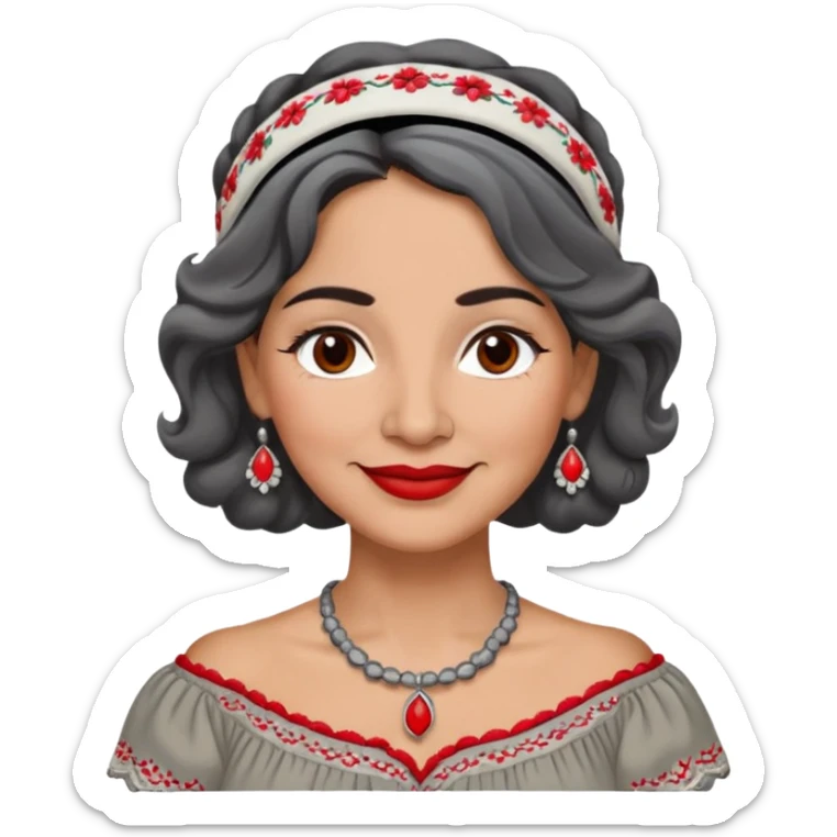 Latina woman, 50 years old, warm light brown skin, round face, wavy black and gray hair, red and white headband, medium eyes, thin eyebrows, kind smile, gray peasant blouse, embroidery, bare shoulders, large dark necklace sticker