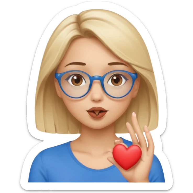 Asthectic Blonde women with brown eyes, blue glasses, waering a brown top, blowing a kiss with a small heart around her. sticker
