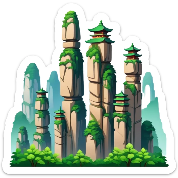 Zhangjiajie Avatar mountains, simplified emoji style with bold outlines and bright colors, cartoon style tall stone pillars with greenery sticker