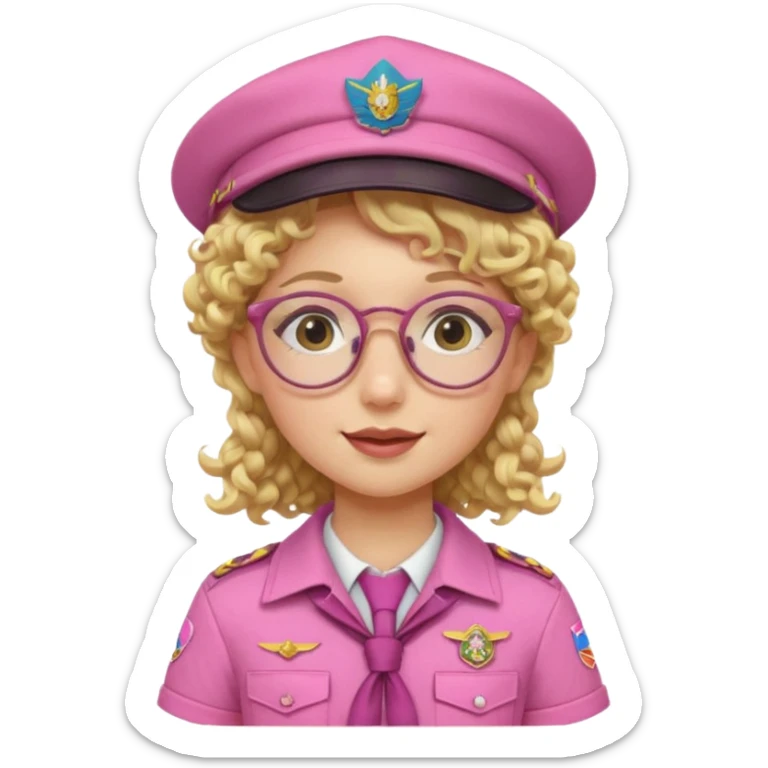 scout girl with pink scout uniform including hat, blonde curly haired and glassess sticker