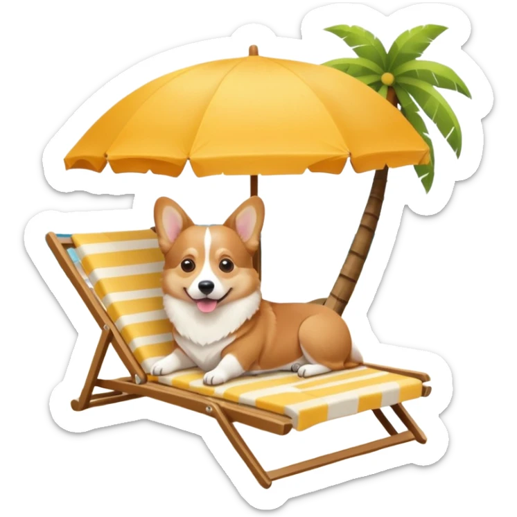 a corgi dog laied on a beach chair, a sunny beach, a sun umbrella, and beach coconut trees. the icon should capture the essence of a relaxing beach vacation with a carefree atmosphere sticker